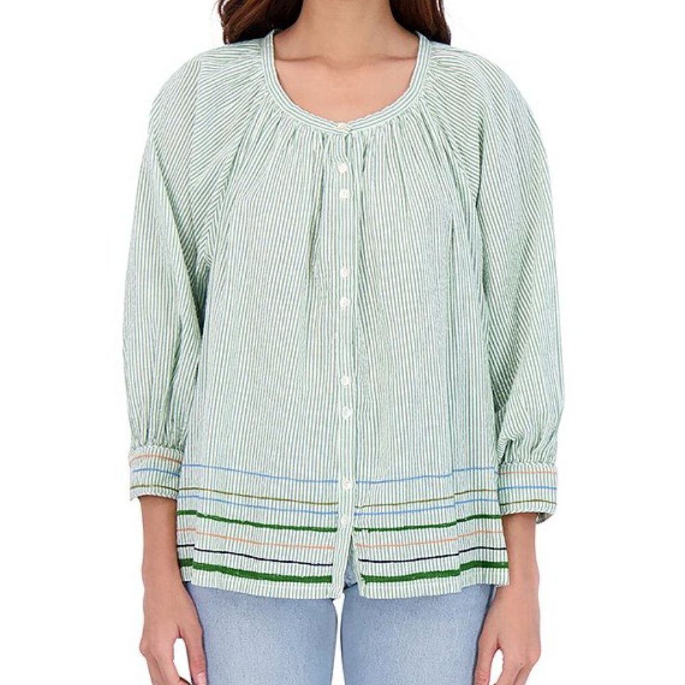 Roller Rabbit Murello Ada Striped Top S small blouson sleeve green embroidered